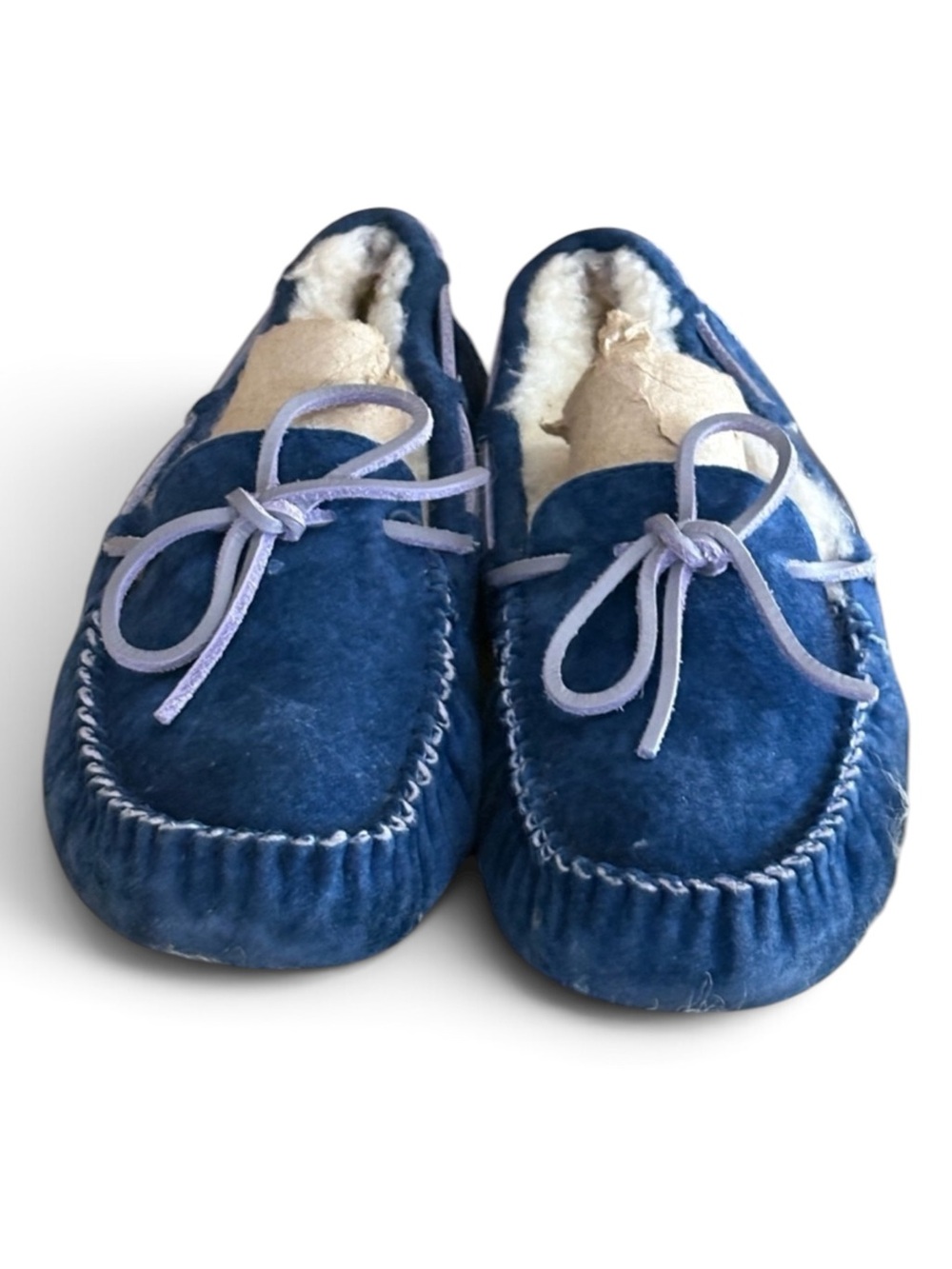 UGG Blue Suede Sherpa Fleece Lined Rubber Sole Moccasins Slippers